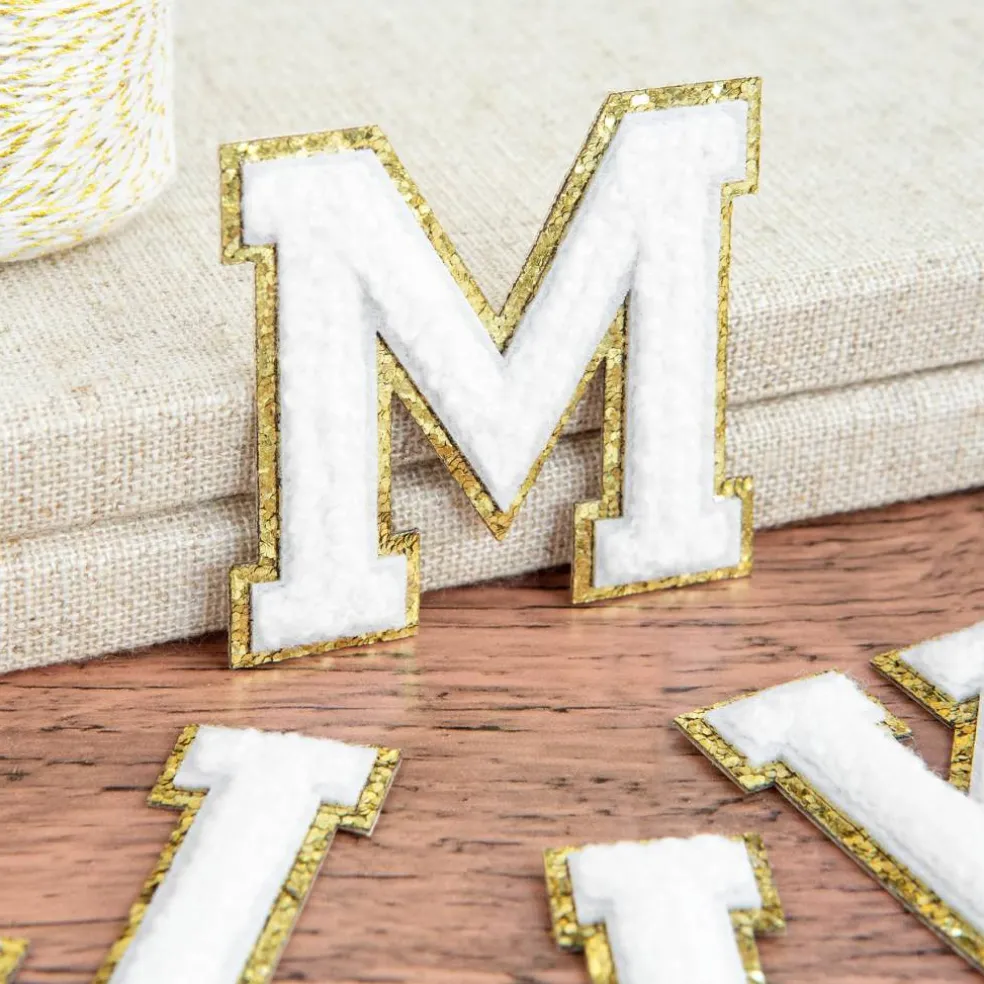 2.25" White Chenille & Gold Glitter Edge Letter Iron-On & Adhesive Patch by Make Market®