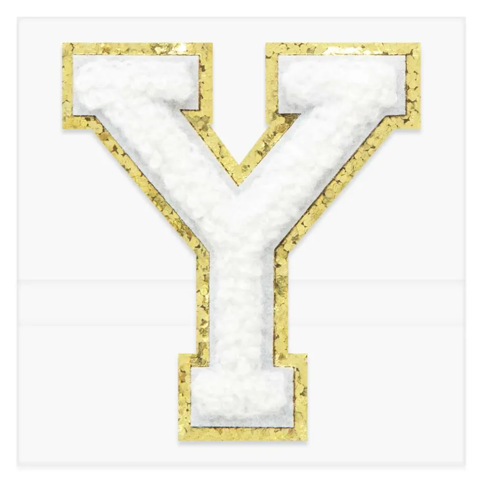 2.25" White Chenille & Gold Glitter Edge Letter Iron-On & Adhesive Patch by Make Market®