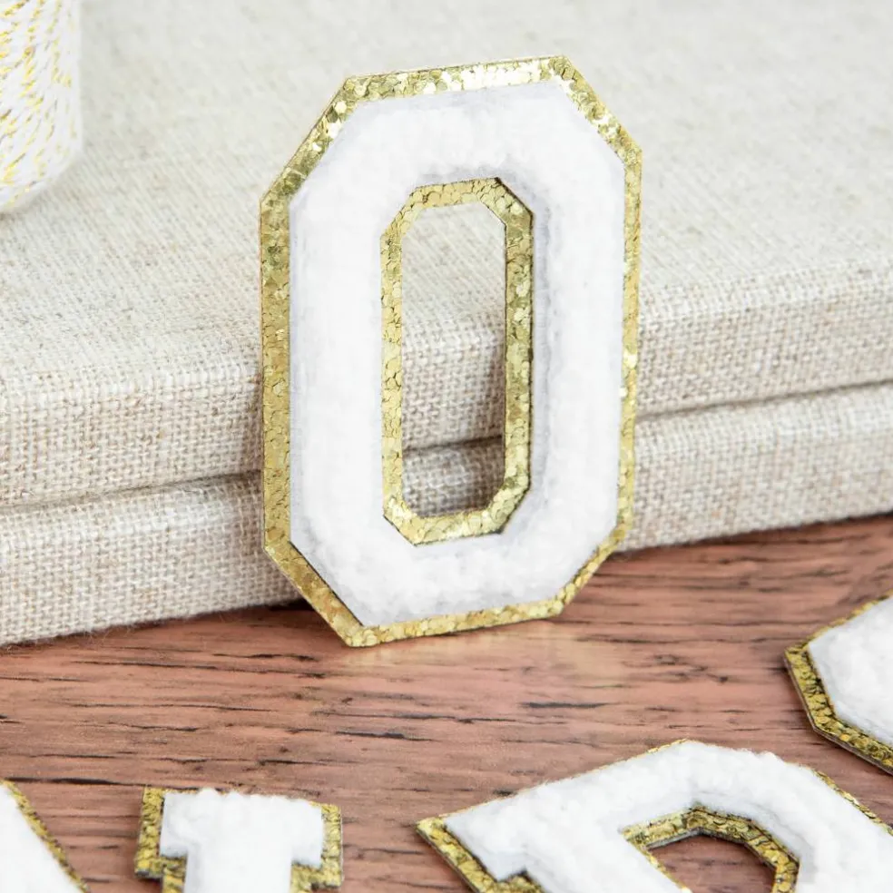 2.25" White Chenille & Gold Glitter Edge Letter Iron-On & Adhesive Patch by Make Market®