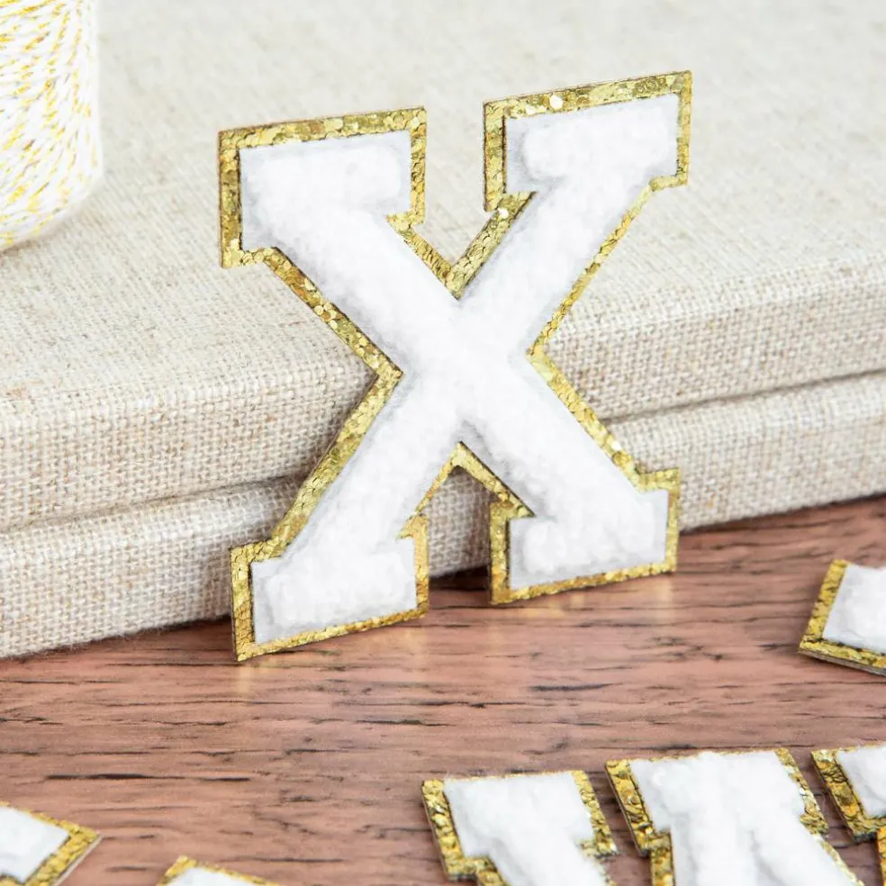 2.25" White Chenille & Gold Glitter Edge Letter Iron-On & Adhesive Patch by Make Market®