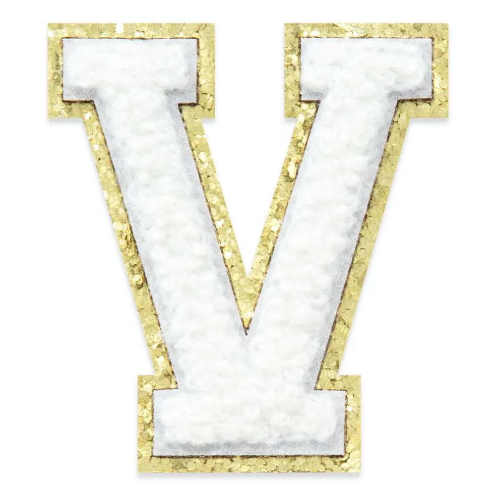 2.25" White Chenille & Gold Glitter Edge Letter Iron-On & Adhesive Patch by Make Market®