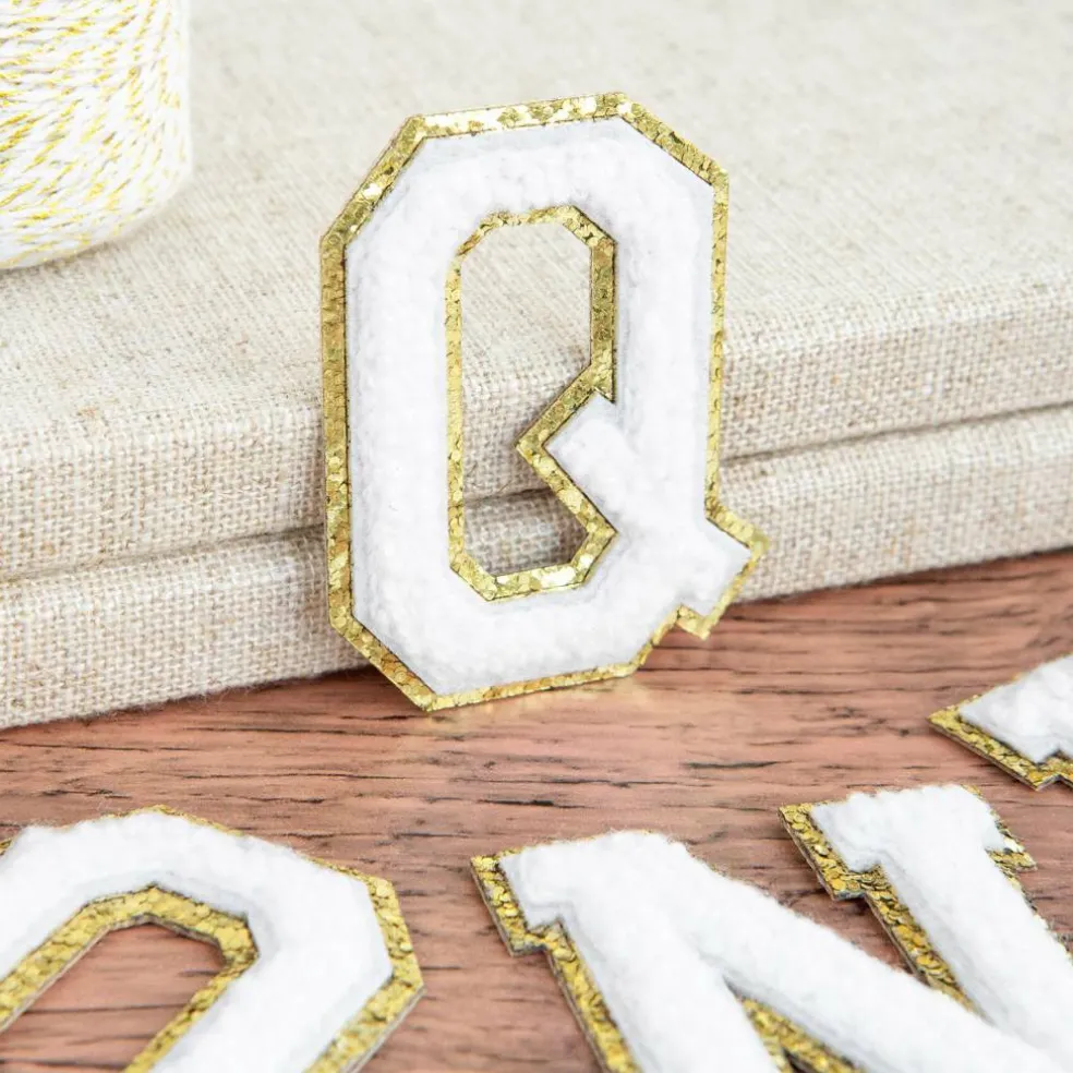 2.25" White Chenille & Gold Glitter Edge Letter Iron-On & Adhesive Patch by Make Market®