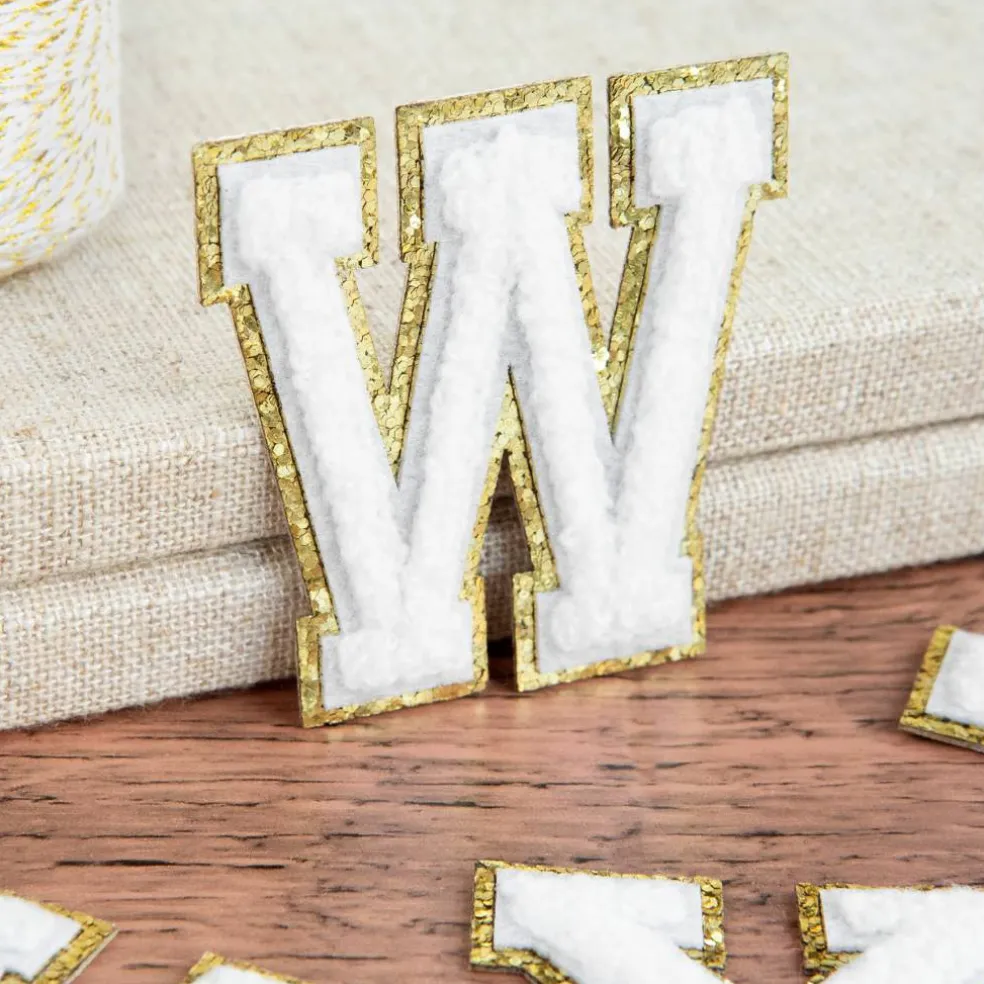 2.25" White Chenille & Gold Glitter Edge Letter Iron-On & Adhesive Patch by Make Market®