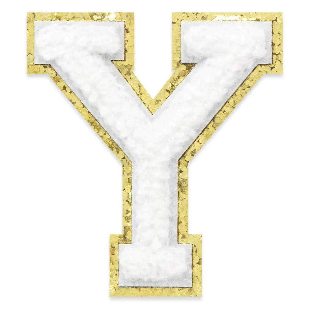 2.25" White Chenille & Gold Glitter Edge Letter Iron-On & Adhesive Patch by Make Market®