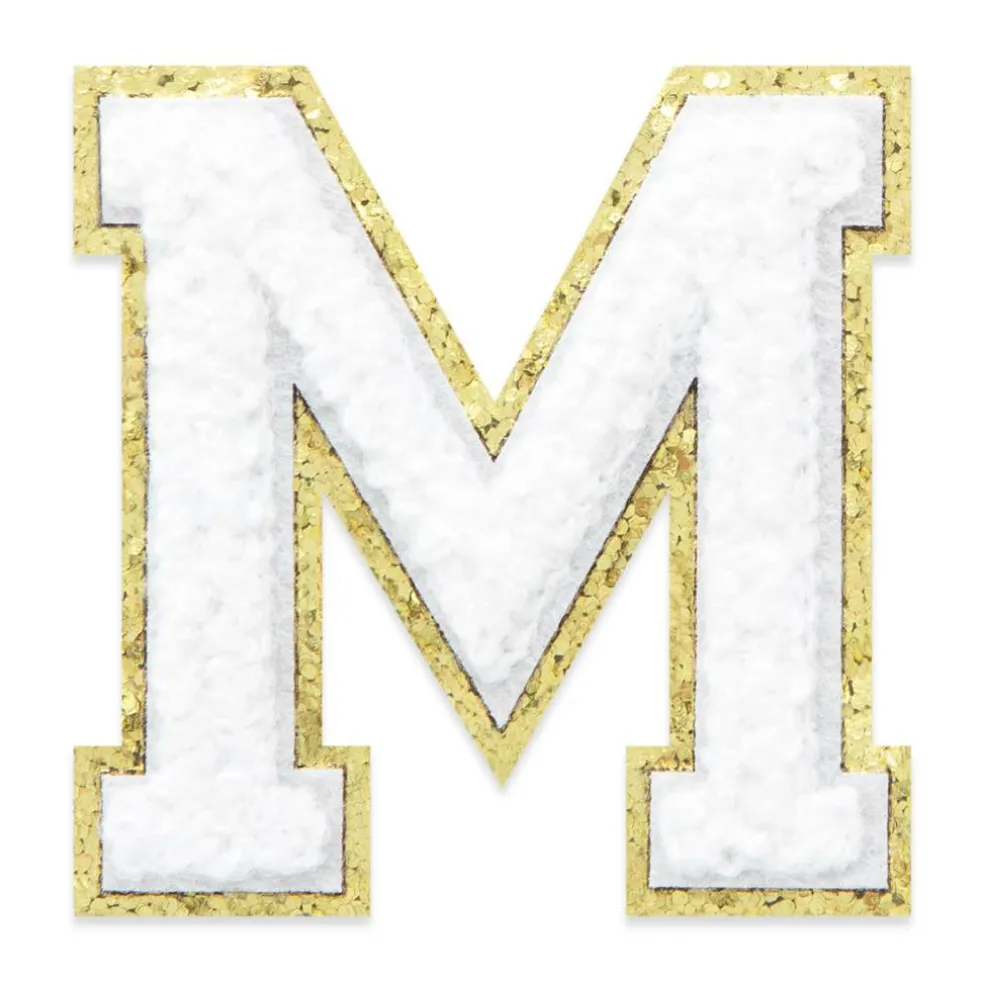 2.25" White Chenille & Gold Glitter Edge Letter Iron-On & Adhesive Patch by Make Market®