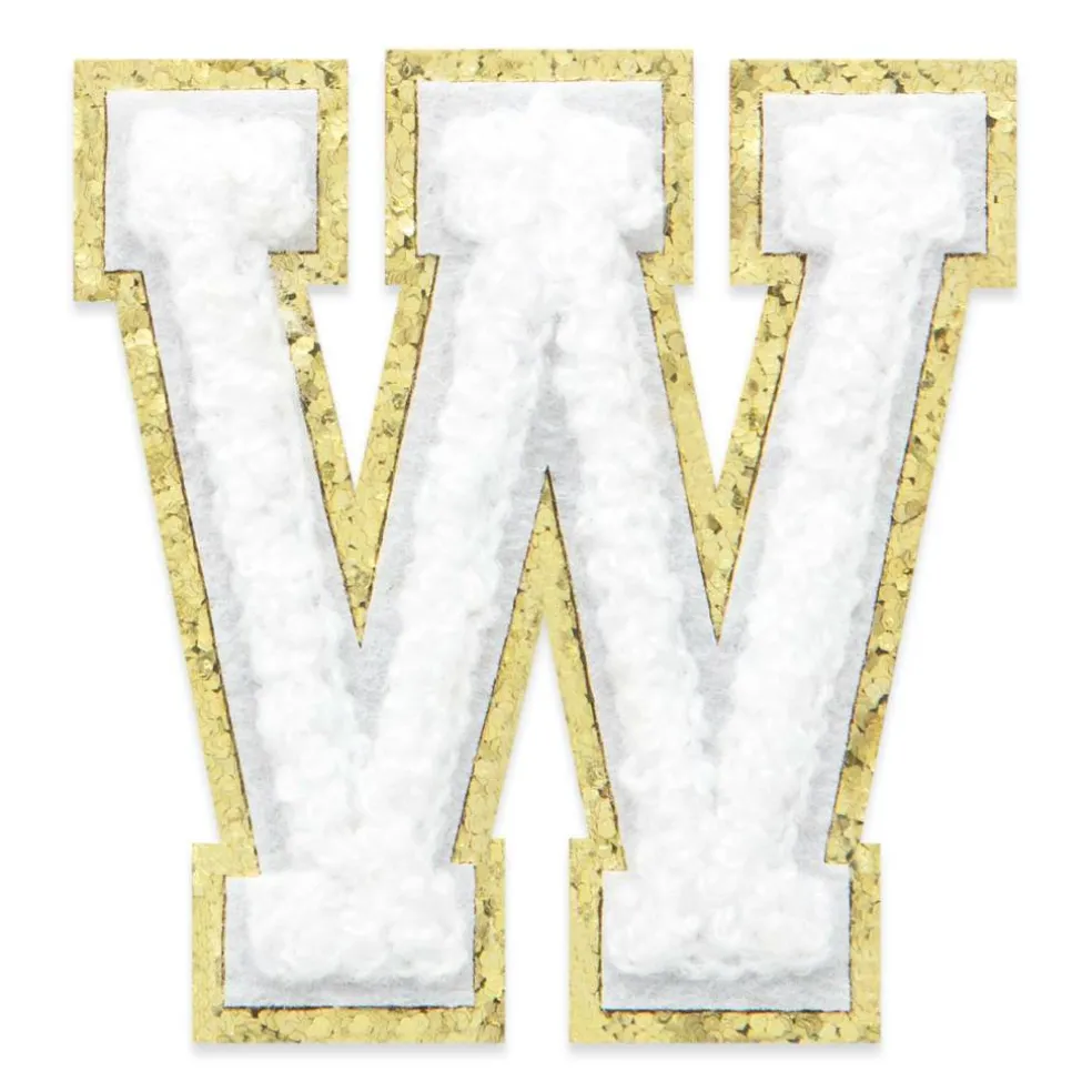 2.25" White Chenille & Gold Glitter Edge Letter Iron-On & Adhesive Patch by Make Market®