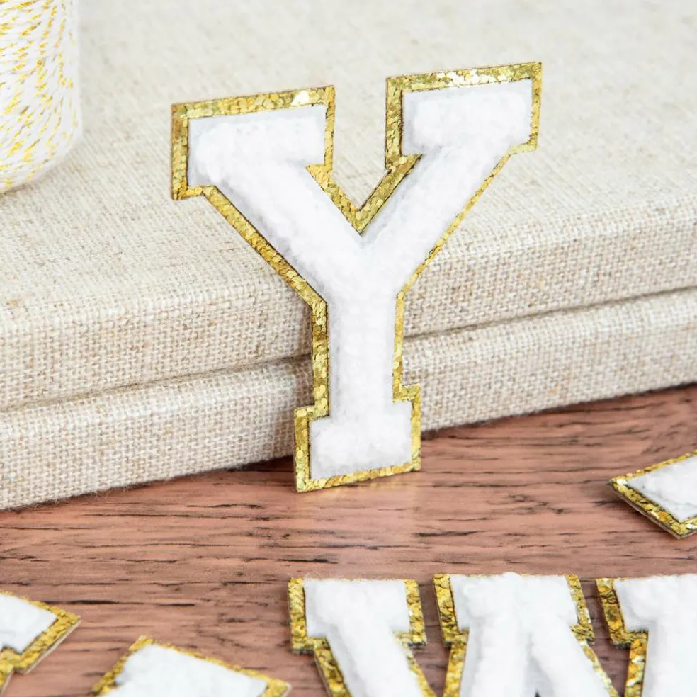 2.25" White Chenille & Gold Glitter Edge Letter Iron-On & Adhesive Patch by Make Market®