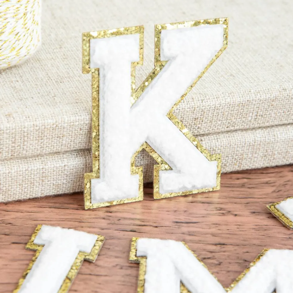 2.25" White Chenille & Gold Glitter Edge Letter Iron-On & Adhesive Patch by Make Market®