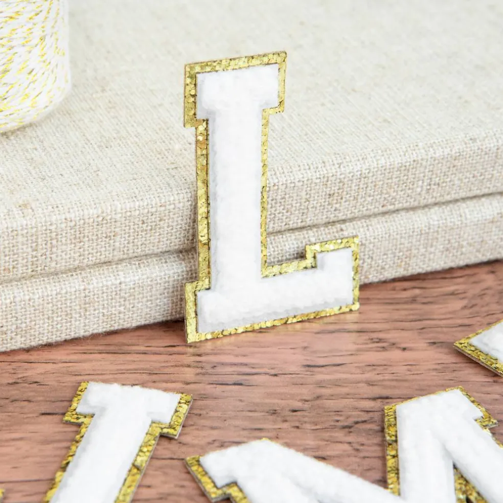 2.25" White Chenille & Gold Glitter Edge Letter Iron-On & Adhesive Patch by Make Market®