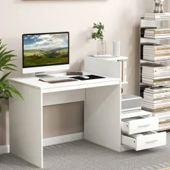 White Computer Desk with Drawers and Bookshelf 51" Home Office Writing Table with Storage