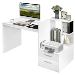 White Computer Desk with Drawers and Bookshelf 51