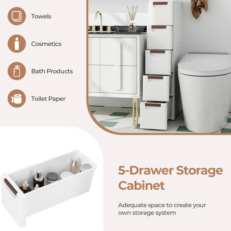 White 5-Drawer Slim Rolling Storage Cabinet with Wheels for Narrow Spaces