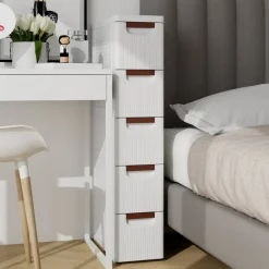 White 5-Drawer Slim Rolling Storage Cabinet with Wheels for Narrow Spaces