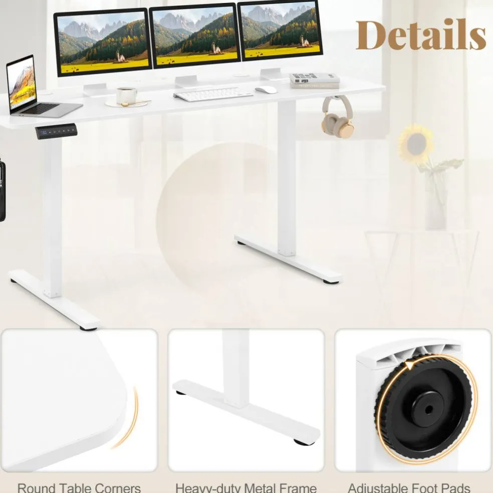 White Electric Standing Desk with 3 Memory Heights and 2 Hanging Hooks and Cable Holes