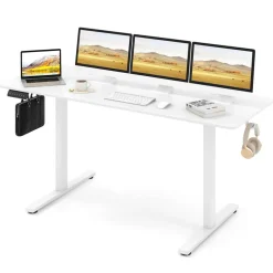 White Electric Standing Desk with 3 Memory Heights and 2 Hanging Hooks and Cable Holes
