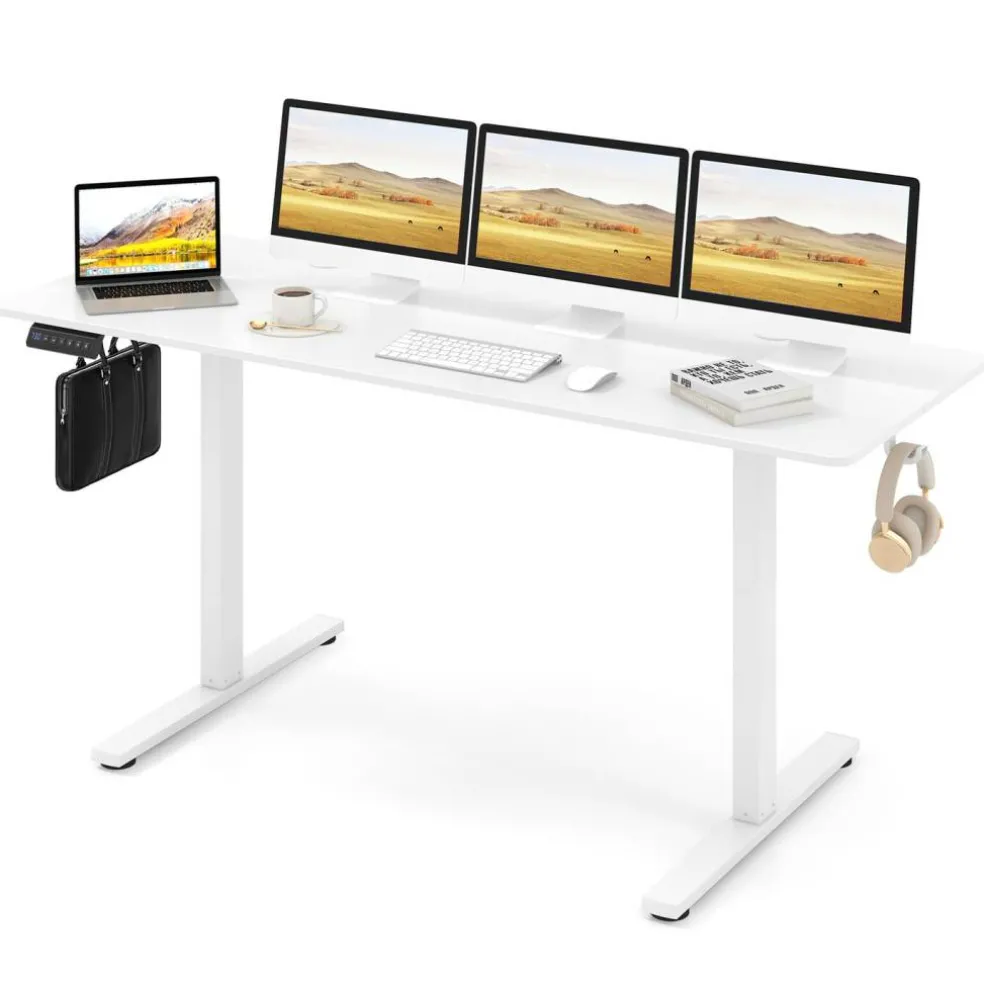 White Electric Standing Desk with 3 Memory Heights and 2 Hanging Hooks and Cable Holes