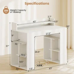 White Engineered Wood Computer Desk with Power Strip and 3-Tier Bookcases