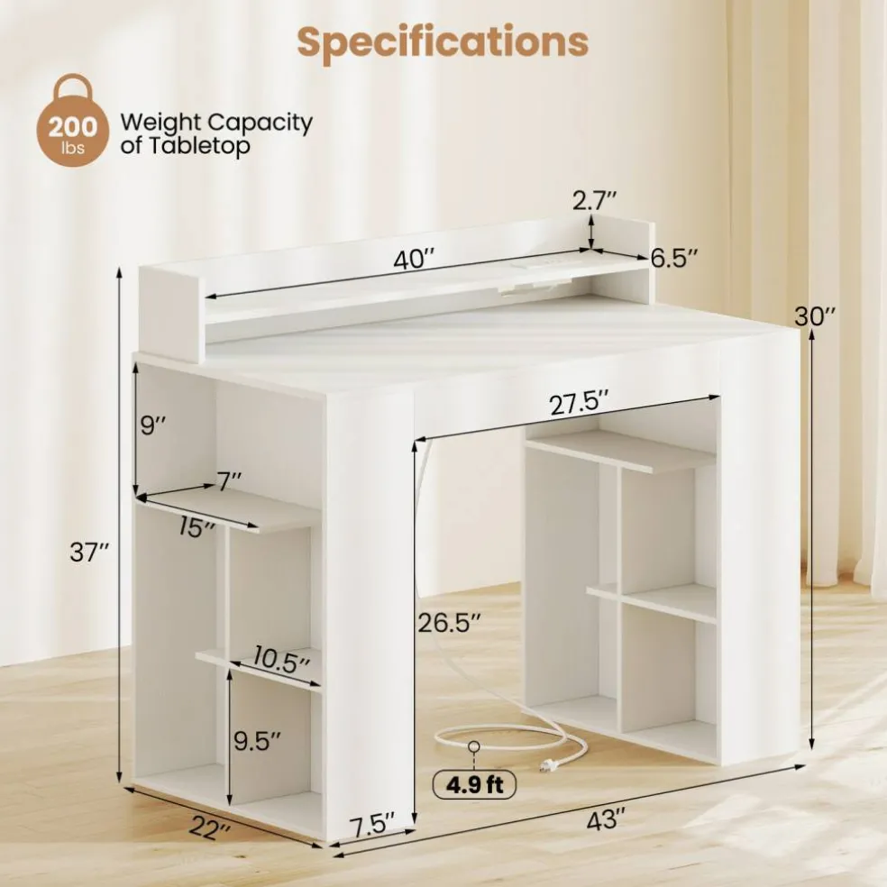 White Engineered Wood Computer Desk with Power Strip and 3-Tier Bookcases