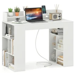 White Engineered Wood Computer Desk with Power Strip and 3-Tier Bookcases