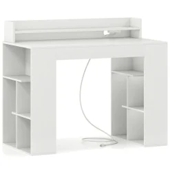 White Engineered Wood Computer Desk with Power Strip and 3-Tier Bookcases