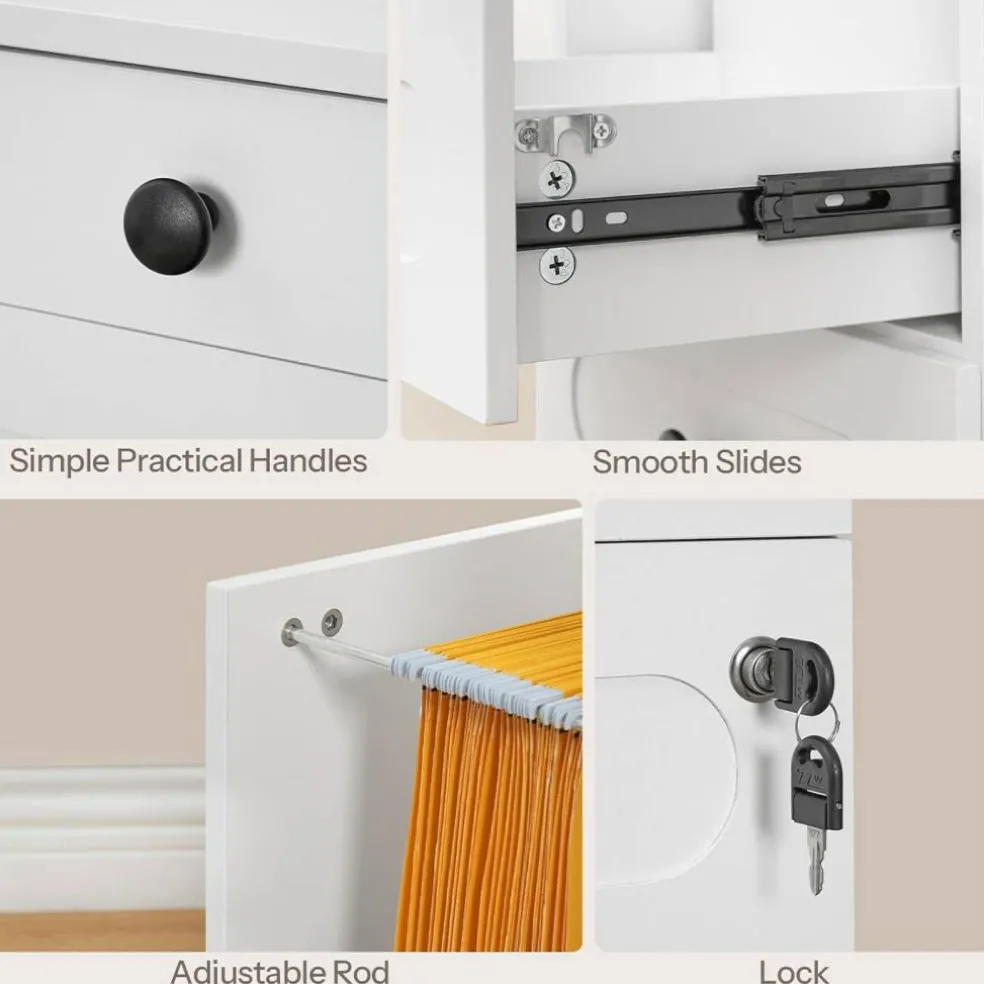 White Engineered Wood 3-Drawer File Cabinet with Wheels and Lock