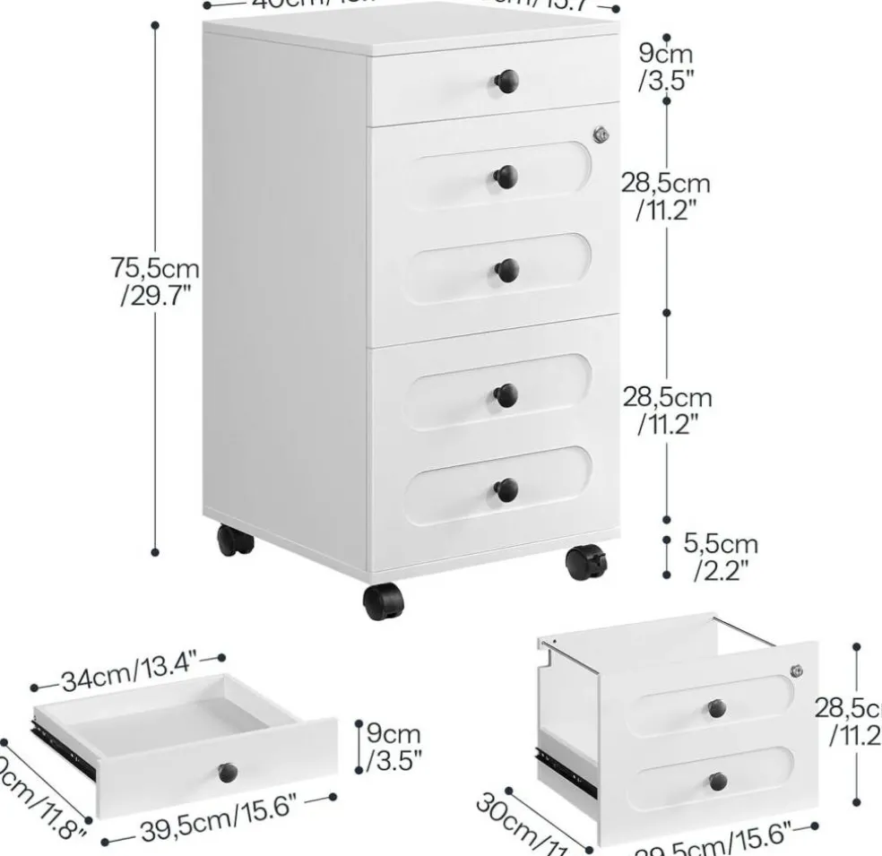 White Engineered Wood 3-Drawer File Cabinet with Wheels and Lock