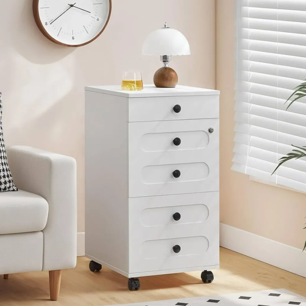White Engineered Wood 3-Drawer File Cabinet with Wheels and Lock