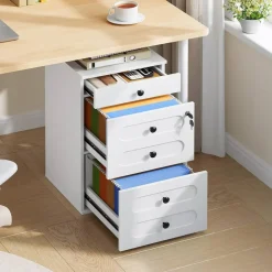 White Engineered Wood 3-Drawer File Cabinet with Wheels and Lock