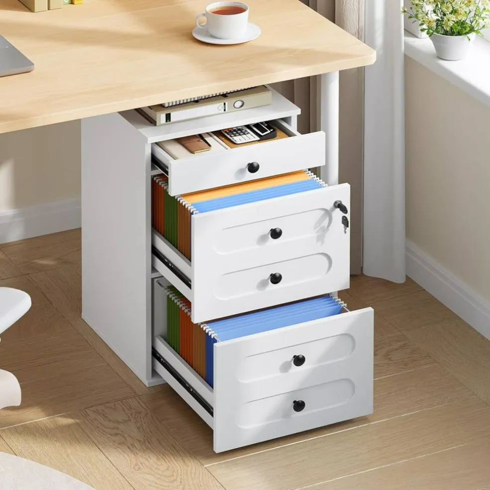 White Engineered Wood 3-Drawer File Cabinet with Wheels and Lock