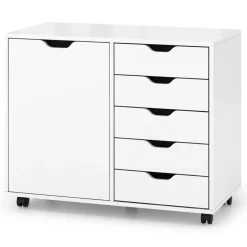 White Engineered Wood Storage Cabinet with Drawers and Swivel Casters