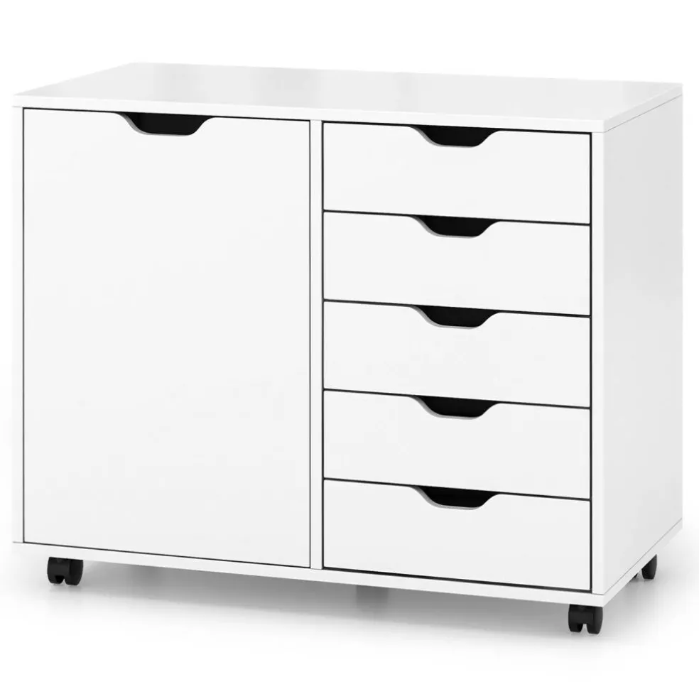 White Engineered Wood Storage Cabinet with Drawers and Swivel Casters