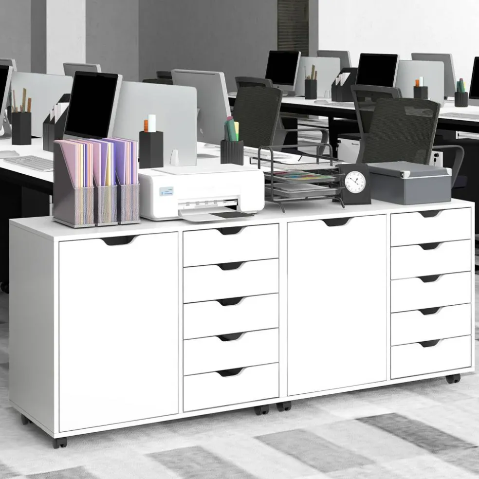 White Engineered Wood Storage Cabinet with Drawers and Swivel Casters