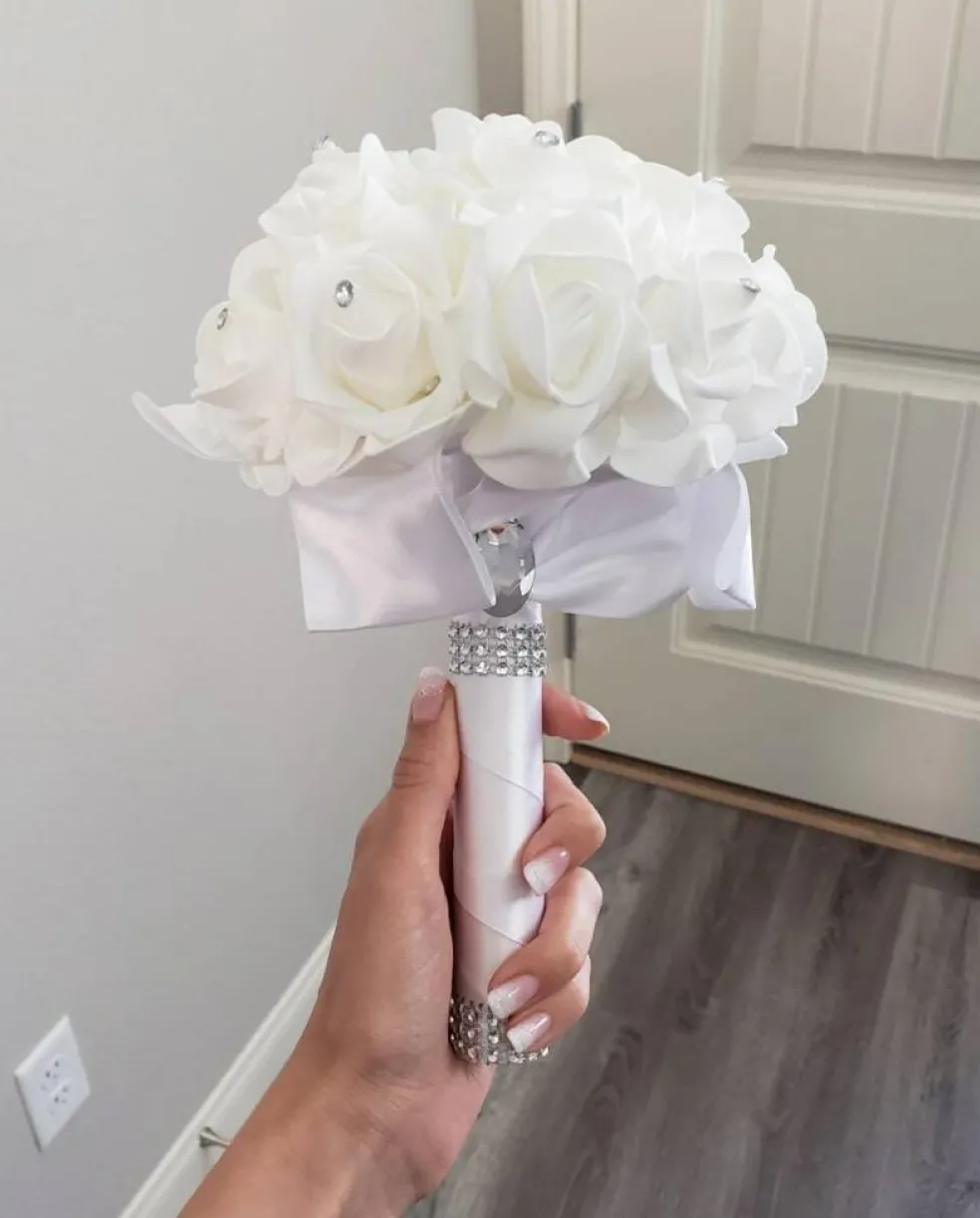 White Foam Rose Bridal Bouquet with Satin Ribbon Handle for Wedding & Party