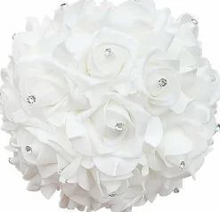 White Foam Rose Bridal Bouquet with Satin Ribbon Handle for Wedding & Party