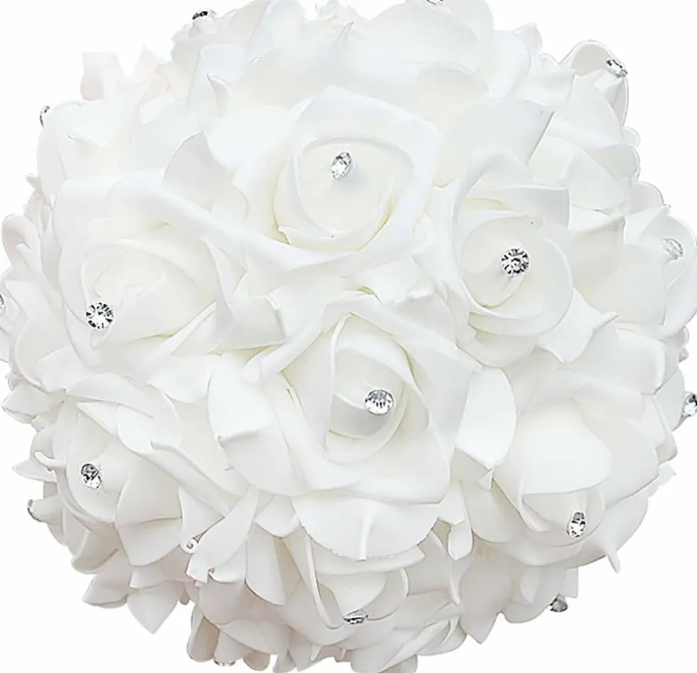 White Foam Rose Bridal Bouquet with Satin Ribbon Handle for Wedding & Party