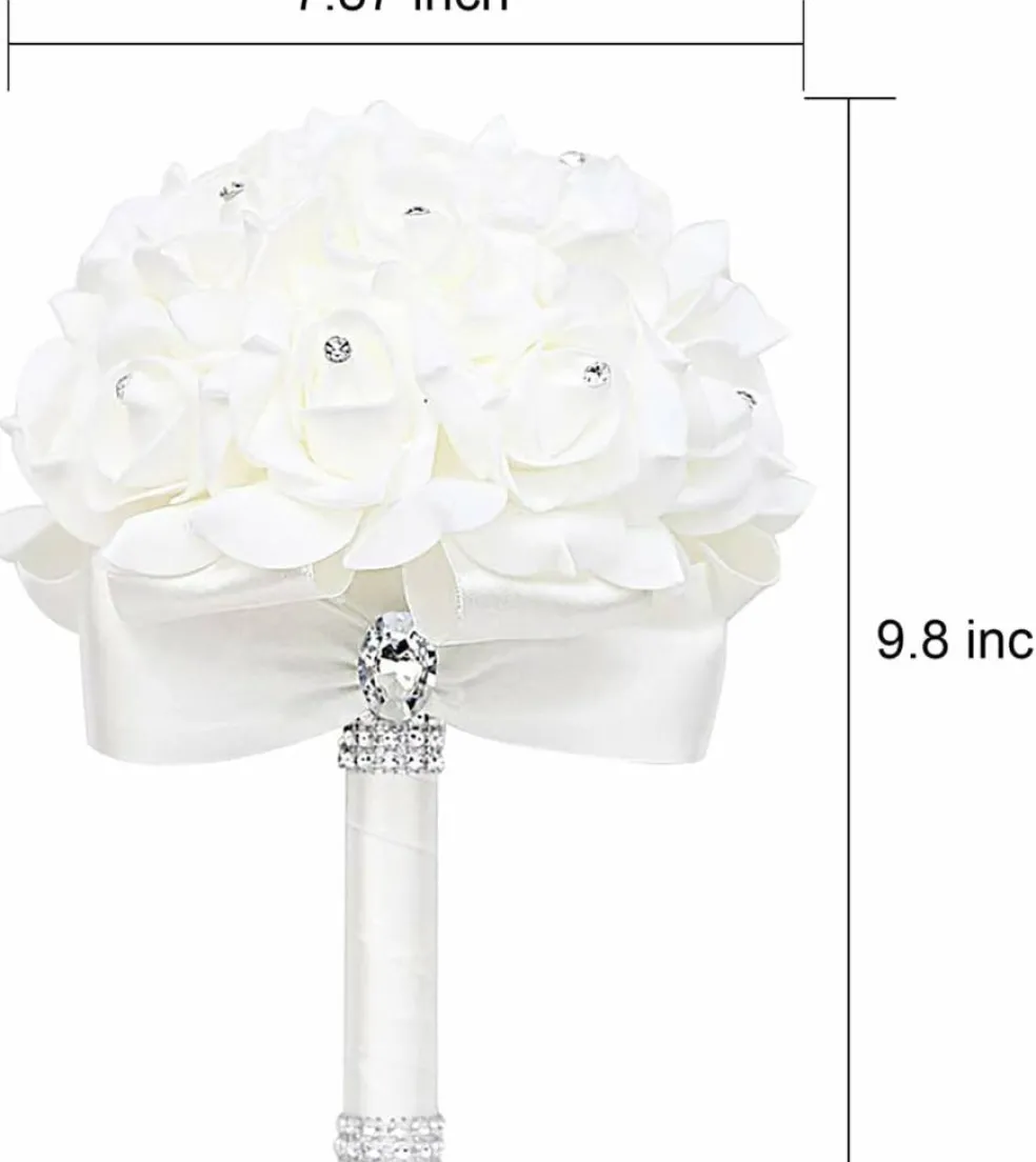 White Foam Rose Bridal Bouquet with Satin Ribbon Handle for Wedding & Party