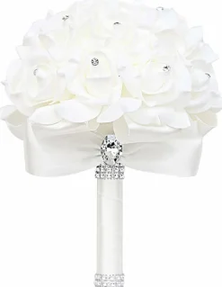 White Foam Rose Bridal Bouquet with Satin Ribbon Handle for Wedding & Party