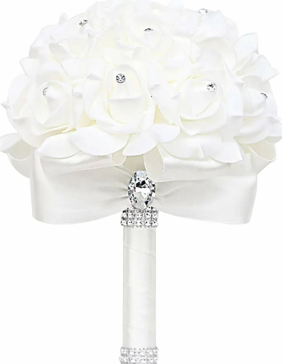 White Foam Rose Bridal Bouquet with Satin Ribbon Handle for Wedding & Party