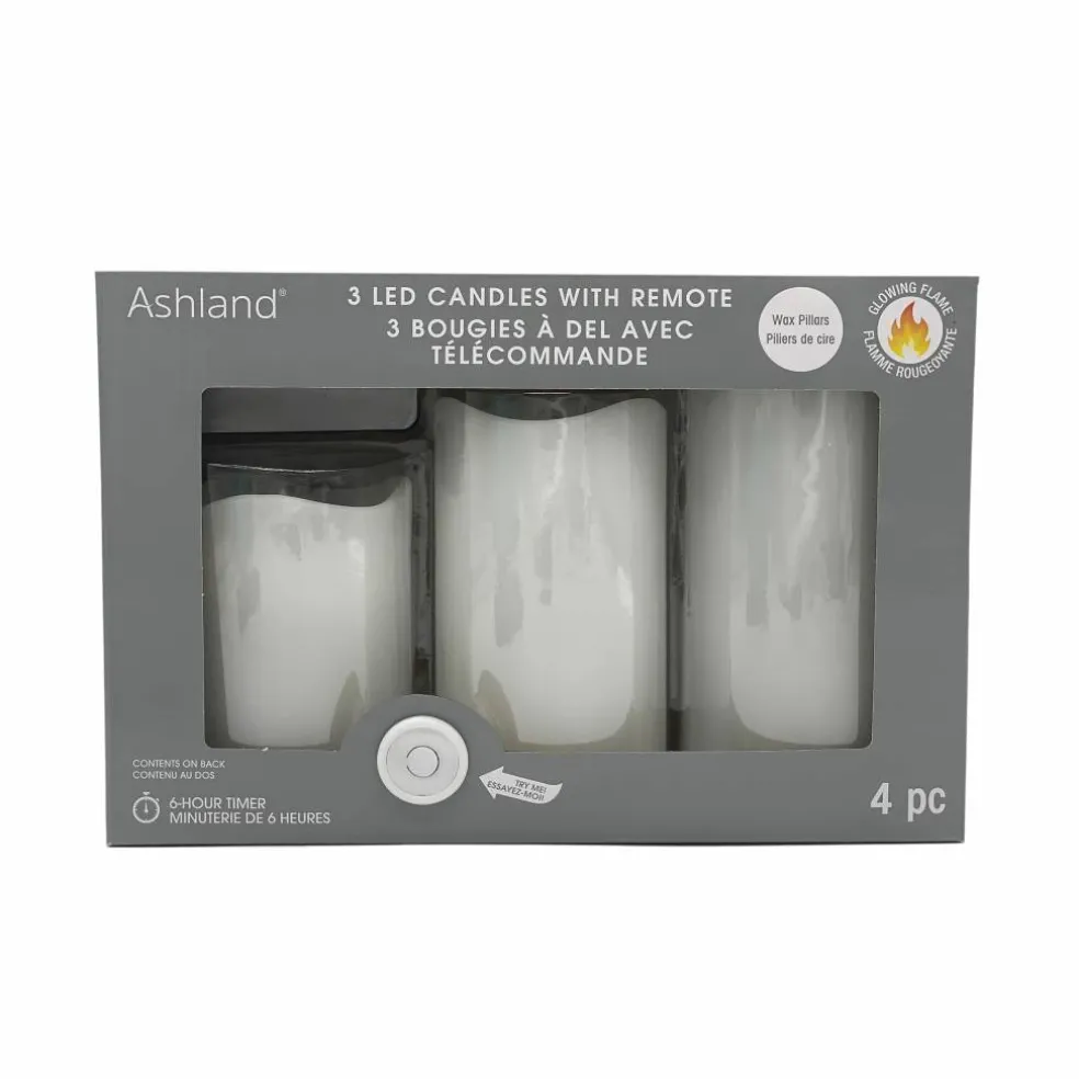 White Glowing Flame LED Wax Pillar Candle Set with Remote by Ashland®