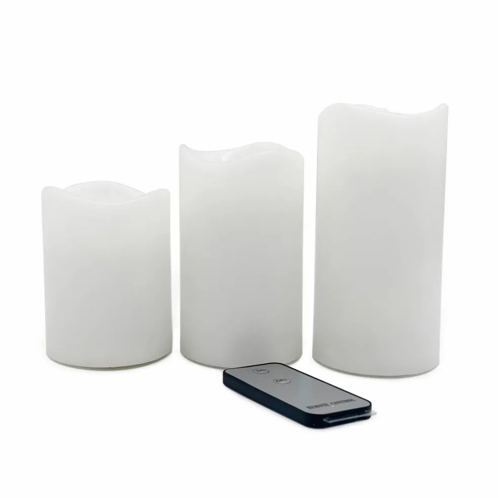 White Glowing Flame LED Wax Pillar Candle Set with Remote by Ashland®