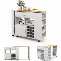 White Kitchen Island Cart Folding with Wine Holder and Spice Storage
