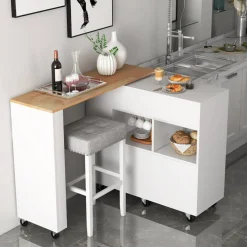 White Kitchen Island Cart Folding with Wine Holder and Spice Storage
