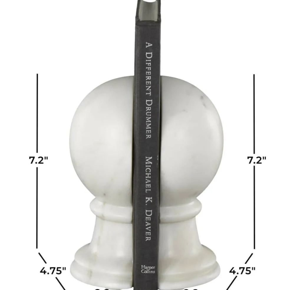 7" White Marble Globe Sleek Orb Decorative Bookends, 2ct.