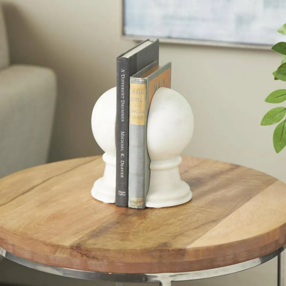 7" White Marble Globe Sleek Orb Decorative Bookends, 2ct.