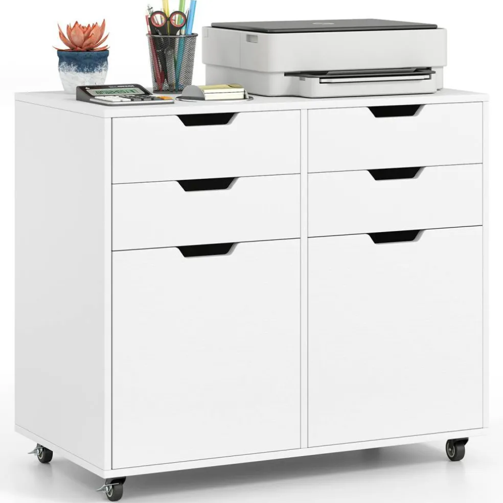 White Mobile Filing Cabinet MDF 4 Drawer Storage Office Organizer