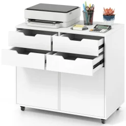 White Mobile Filing Cabinet MDF 4 Drawer Storage Office Organizer