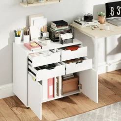 White Mobile Filing Cabinet MDF 4 Drawer Storage Office Organizer