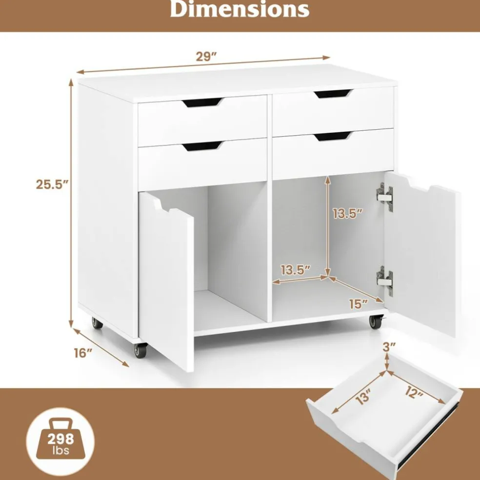 White Mobile Filing Cabinet MDF 4 Drawer Storage Office Organizer