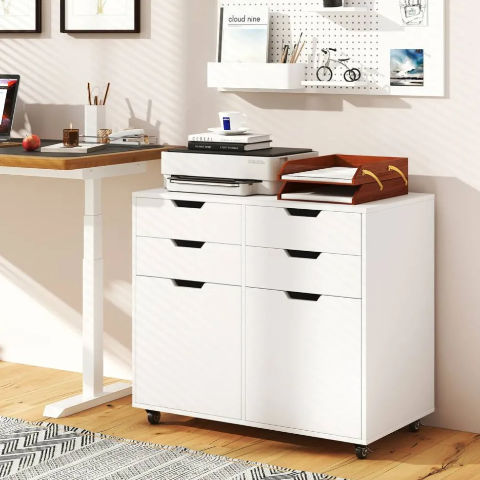 White Mobile Filing Cabinet MDF 4 Drawer Storage Office Organizer