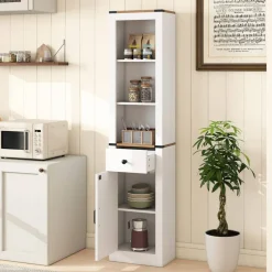 White-Natural Wood Farmhouse Tall Bathroom Cabinet with Adjustable Shelves and Drawer